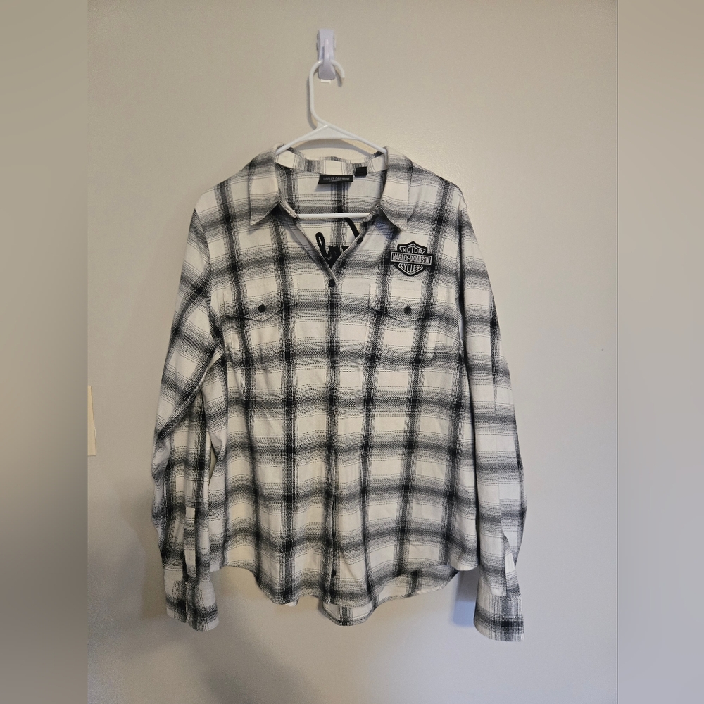 Womens Harley-Davidson Black & White Plaid Button-Down Shirt With Logo Size Xl